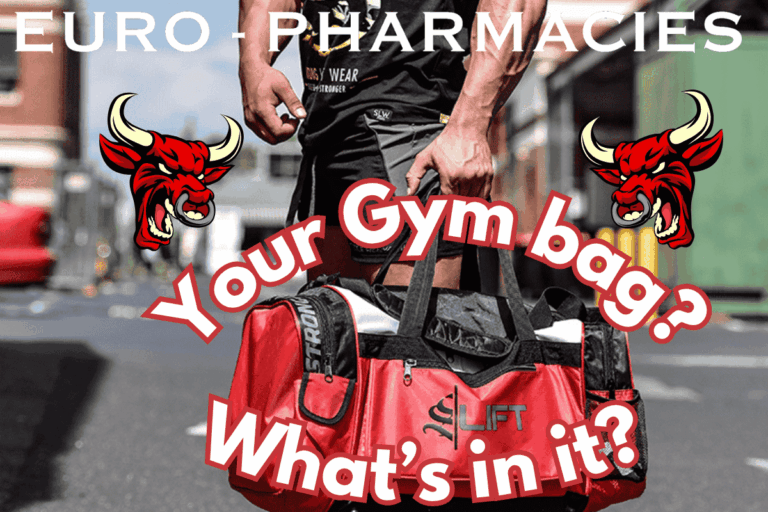 Contents of a well-packed gym bag including wrist straps, wrist wraps, lifting shoes, shaker cups, knee sleeves, headphones, and gym clothes, ready for a complete workout session.