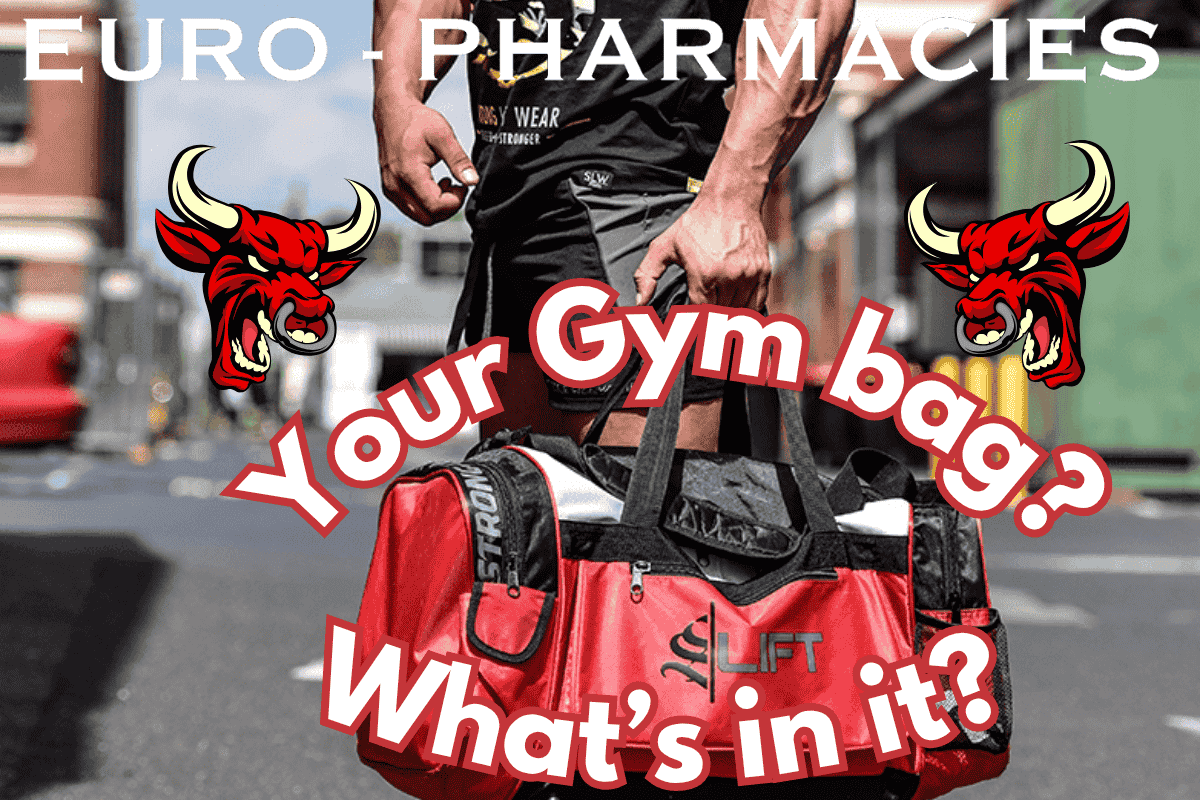 Contents of a well-packed gym bag including wrist straps, wrist wraps, lifting shoes, shaker cups, knee sleeves, headphones, and gym clothes, ready for a complete workout session.