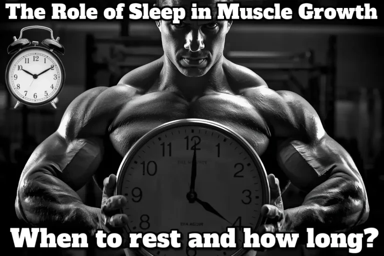 Bodybuilder showing muscular physique while holding a dumbbell, representing Sleep and Muscle Growth benefits