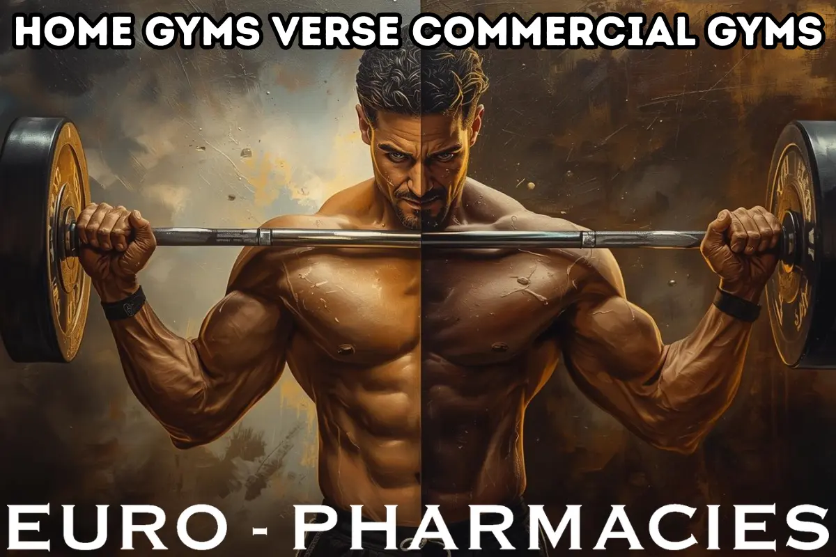 Transition from gym to home workout showing comparison between commercial gym and home fitness setup